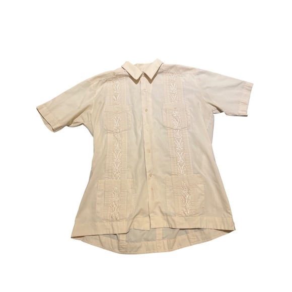 Guayabera Yucateca Other - Guayabera Yucateca Mens XL Short Sleeve Embroidered Permanent Press Shirt Beige